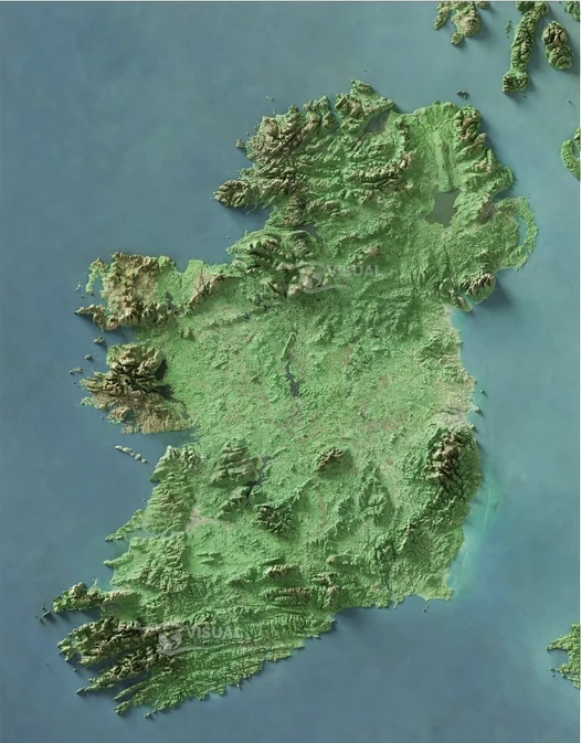 General topography map of Ireland (light green low elevation and dark green high elevation).